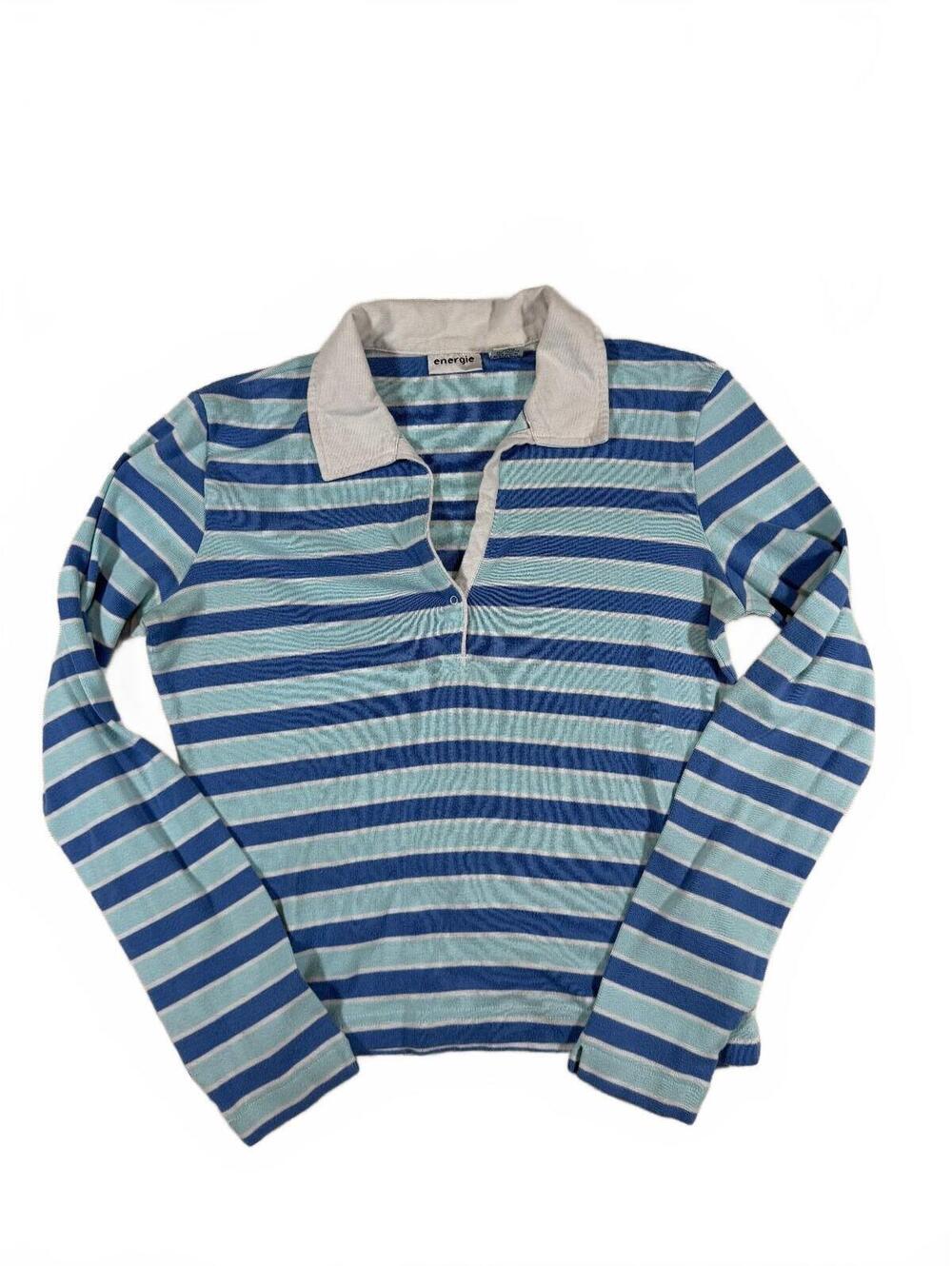 Y2K Energie Brand Blue Fitted Stripped Long Sleeve Polo Top Size L